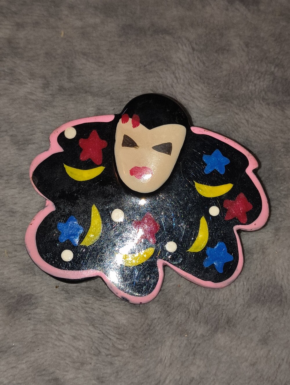 Whimsical Black & Pink Clown Brooch with Moon and Star Accents